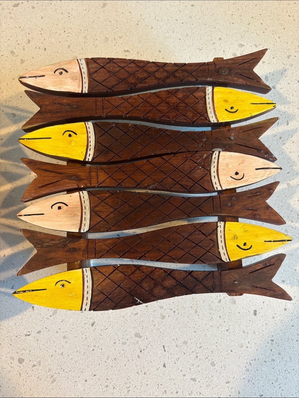 Handcrafted Wooden Fish Wall Accent or Trivots - Brown with Yellow & Pink Heads - Picture 2 of 5